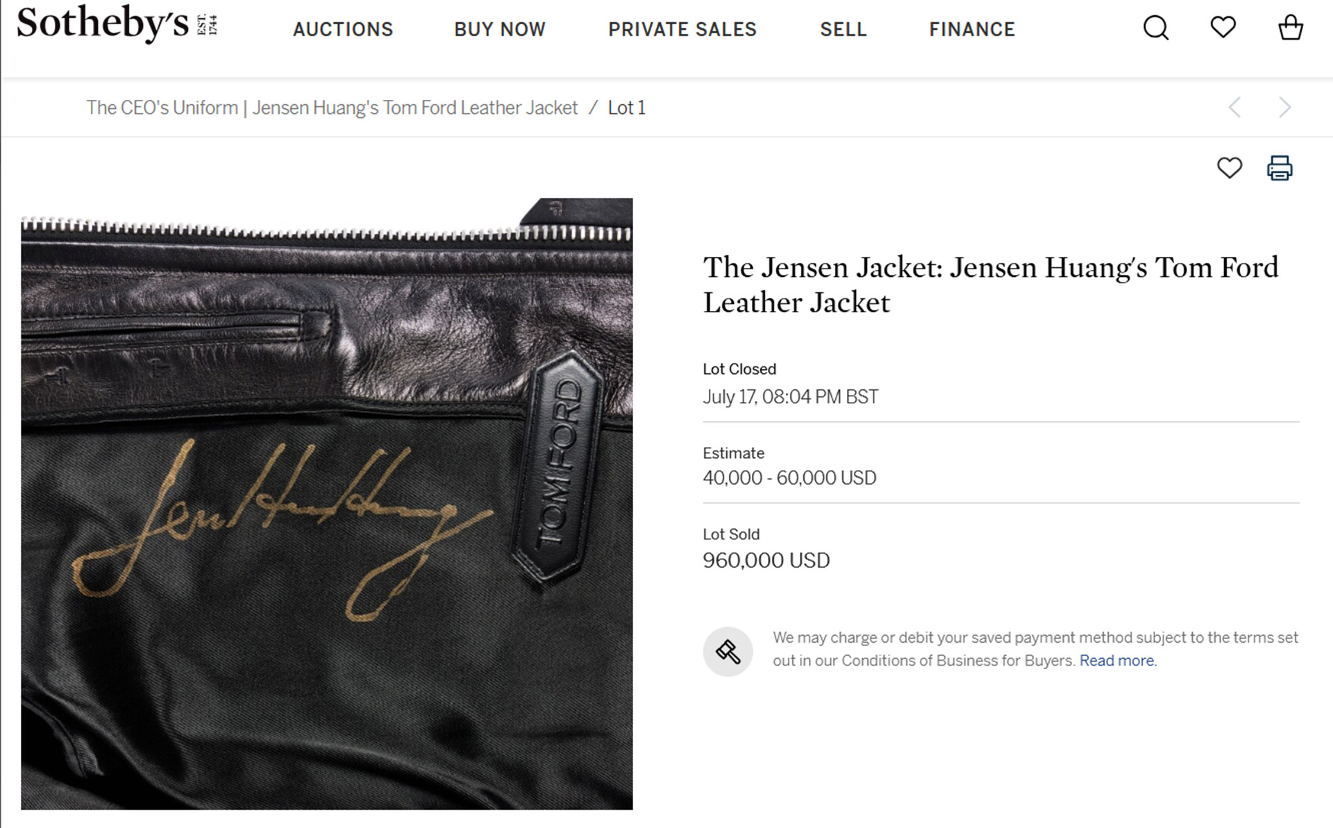 Jensen Huang’s signed leather jacket sells for $960,000 at Sotheby’s